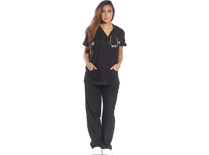 Basic Women’s 4-Pocket Black Scrub Set
