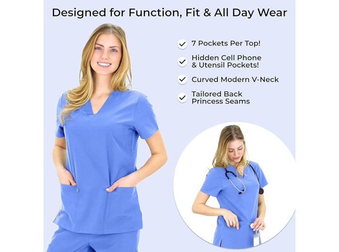 Pack 3 - Women’s Basic 7-Pocket Pink Scrub Top Modern V-Neck