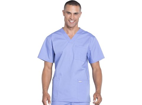 Men’s Basic V-neck, 1-Pocket Light Blue Scrub Top