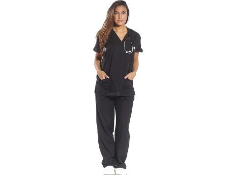 Basic Women’s 4-Pocket Black Scrub Set