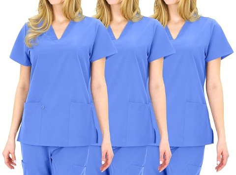 Pack 3 - Women’s Basic 7-Pocket Pink Scrub Top Modern V-Neck