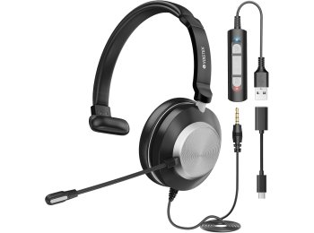 SB & 3.5mm Headset with Mic for Laptop PC,Wired On Ear Computer Headphones with Noise Cancelling Microphone,in-line Control for Office Work,Call Center,Video Meeting（Black）