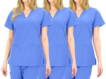 Pack 3 - Women’s Basic 7-Pocket Pink Scrub Top Modern V-Neck
